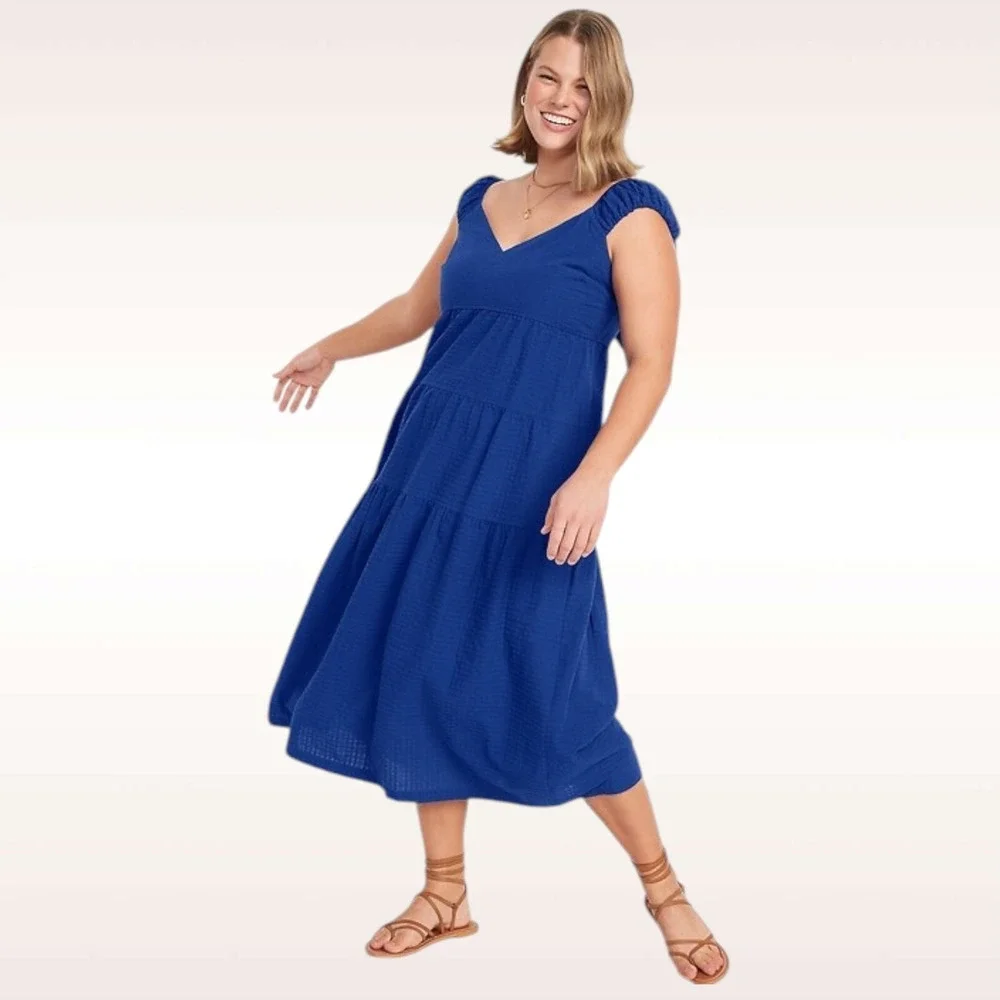 Old Navy Dress Womens 4X Blue Fit & Flare Tiered Seersucker All-Day Maxi - Picture 3 of 3